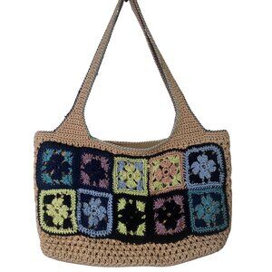 Cottagecore Boho Crochet Bag |SAK Beige Granny Squares Zippered Hobo Tote